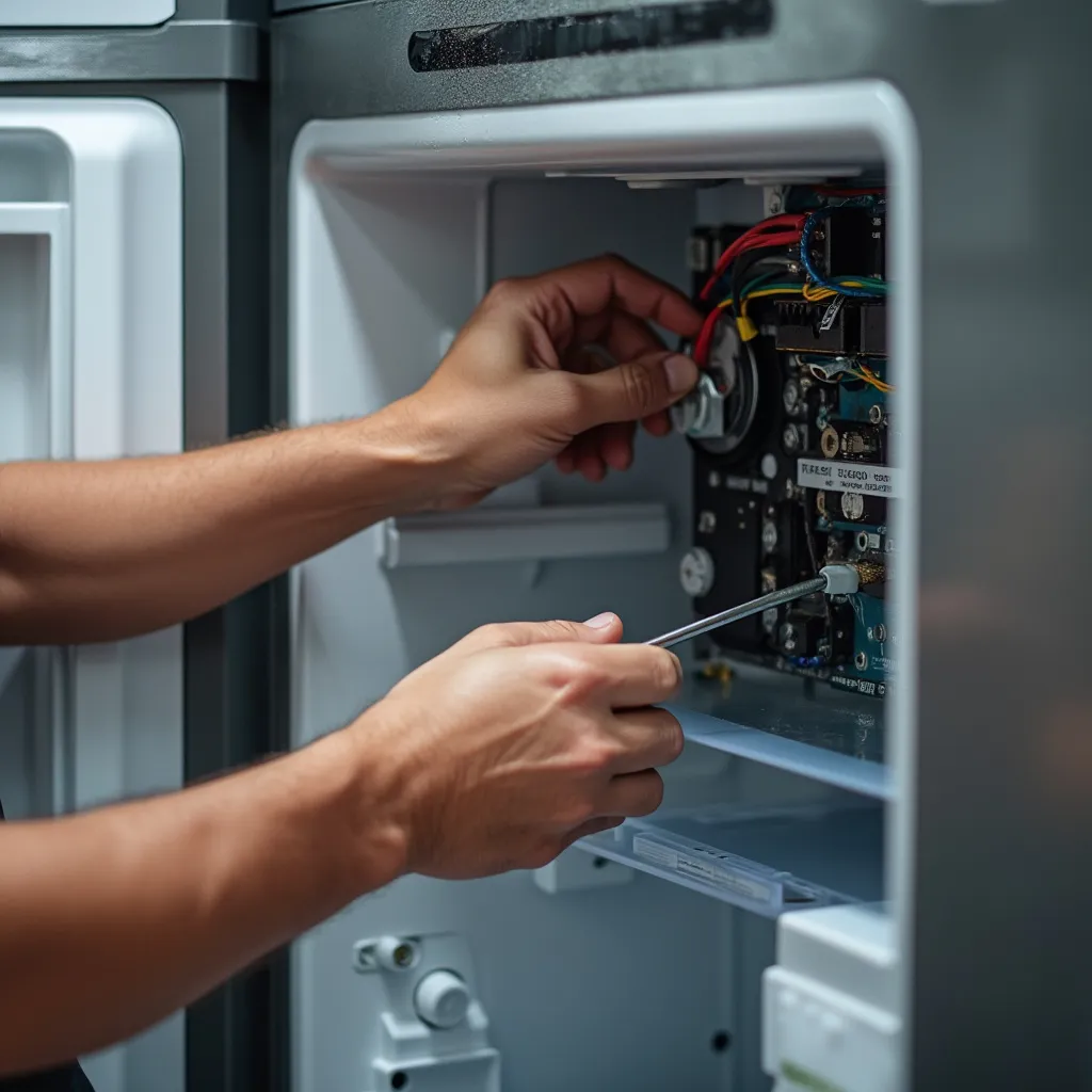 Mãos de técnico ajustando componentes internos de frigorífico