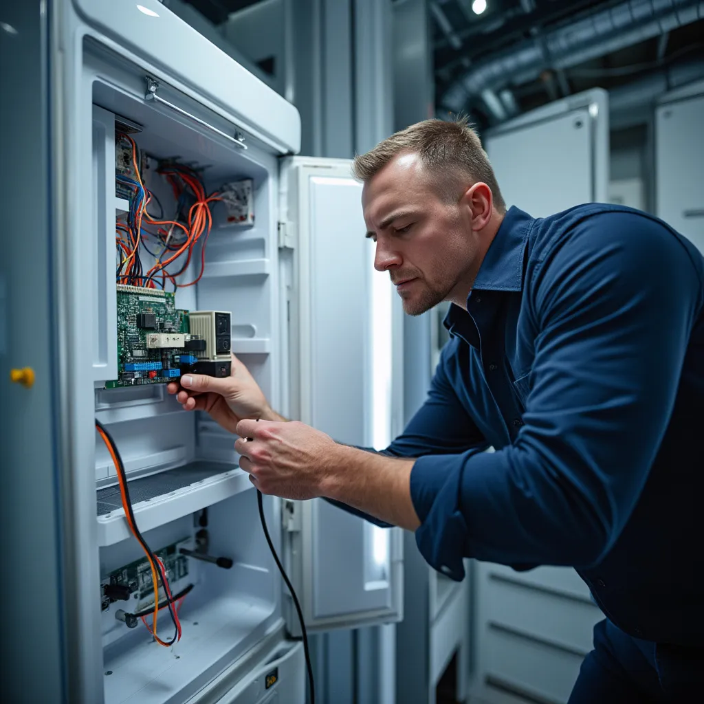 Técnica instalando circuito em frigorífico