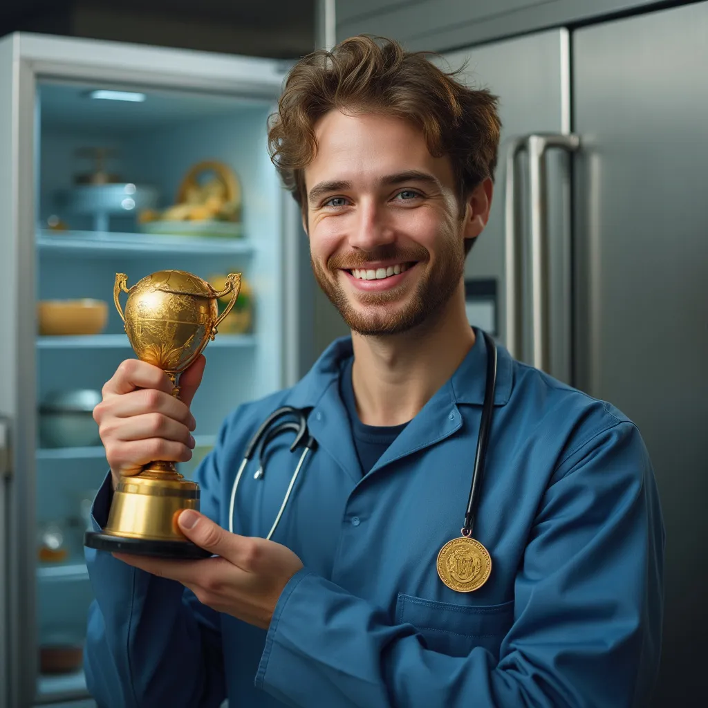 Técnico premiado com troféu de reparação de frigoríficos